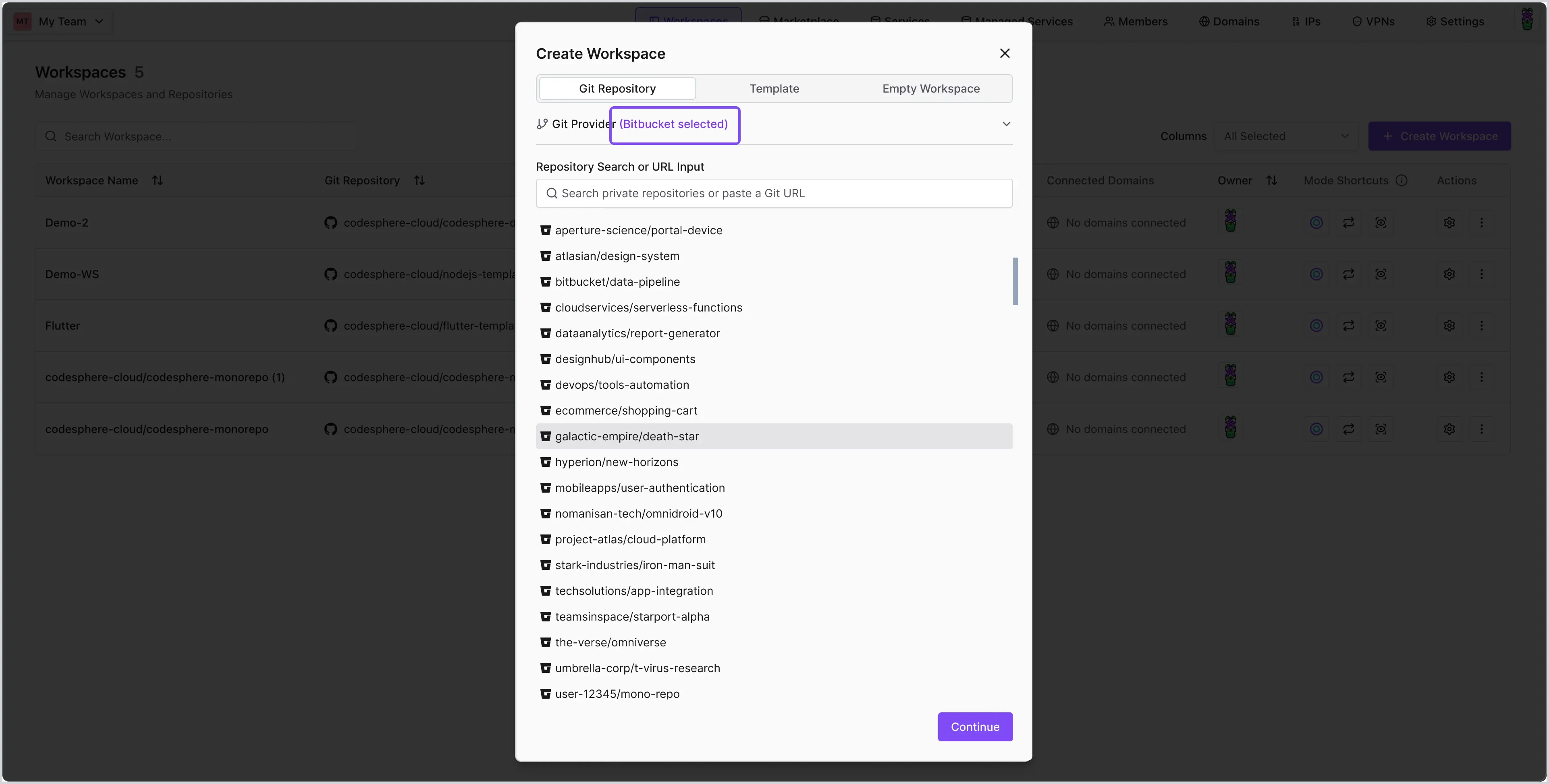 Create workspace modal