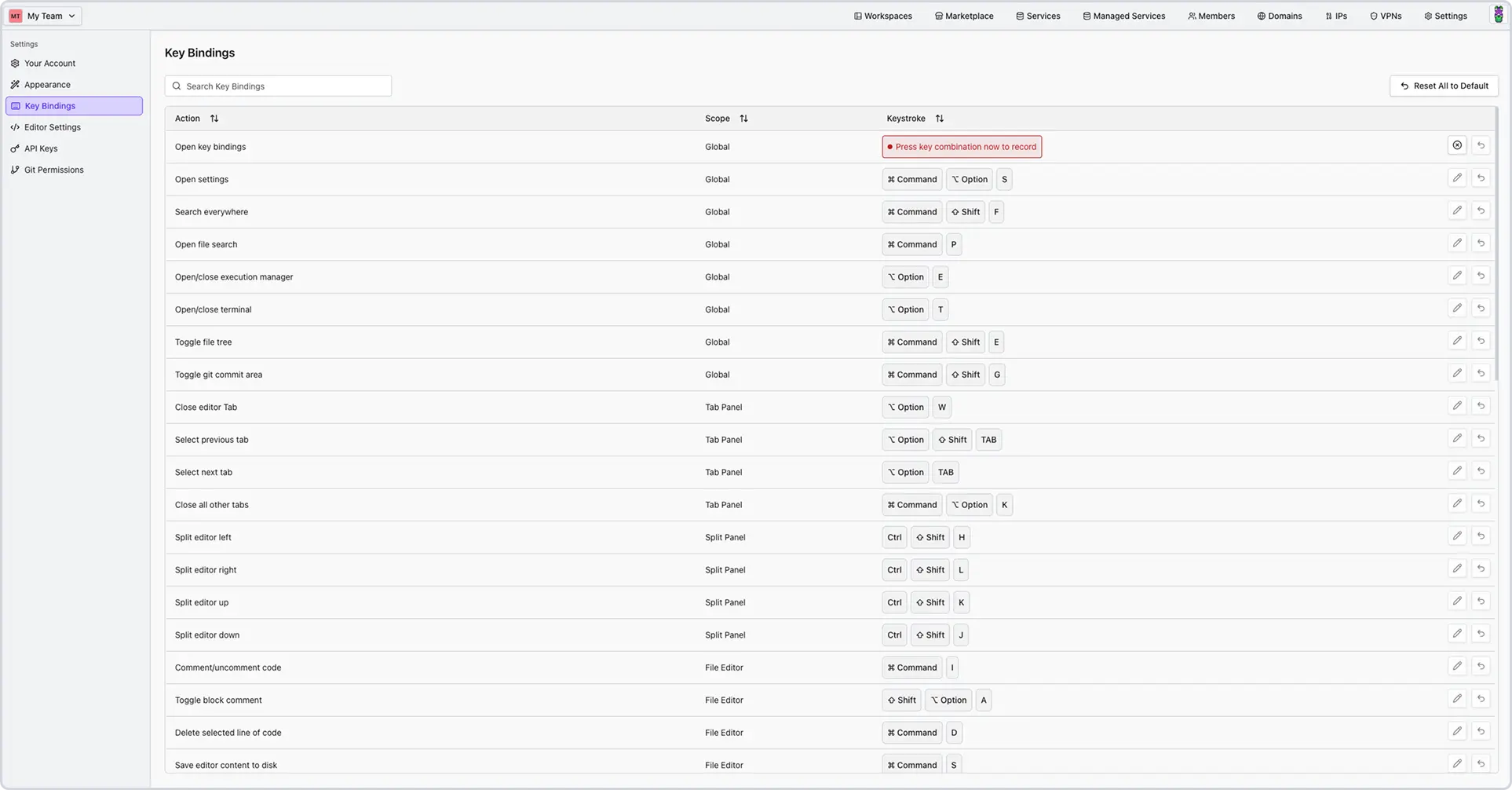 user settings dropdown
