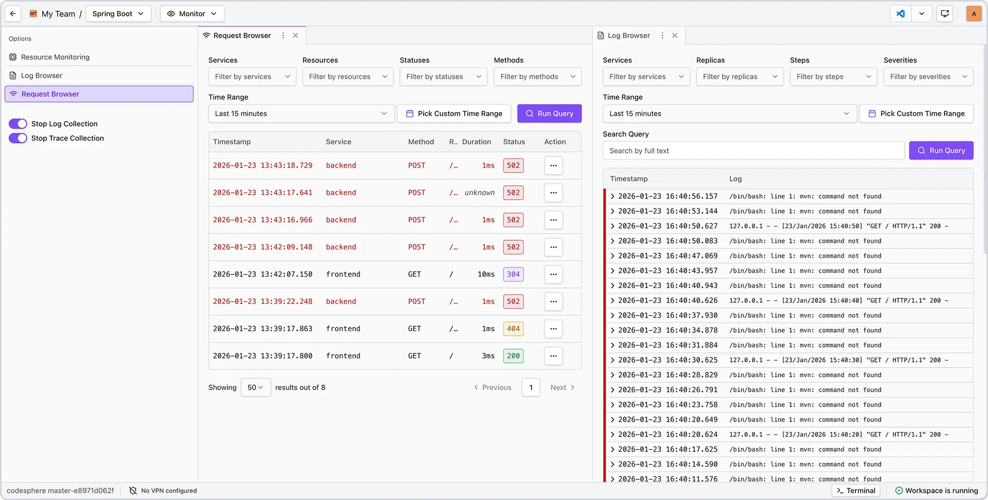 log browser split screen