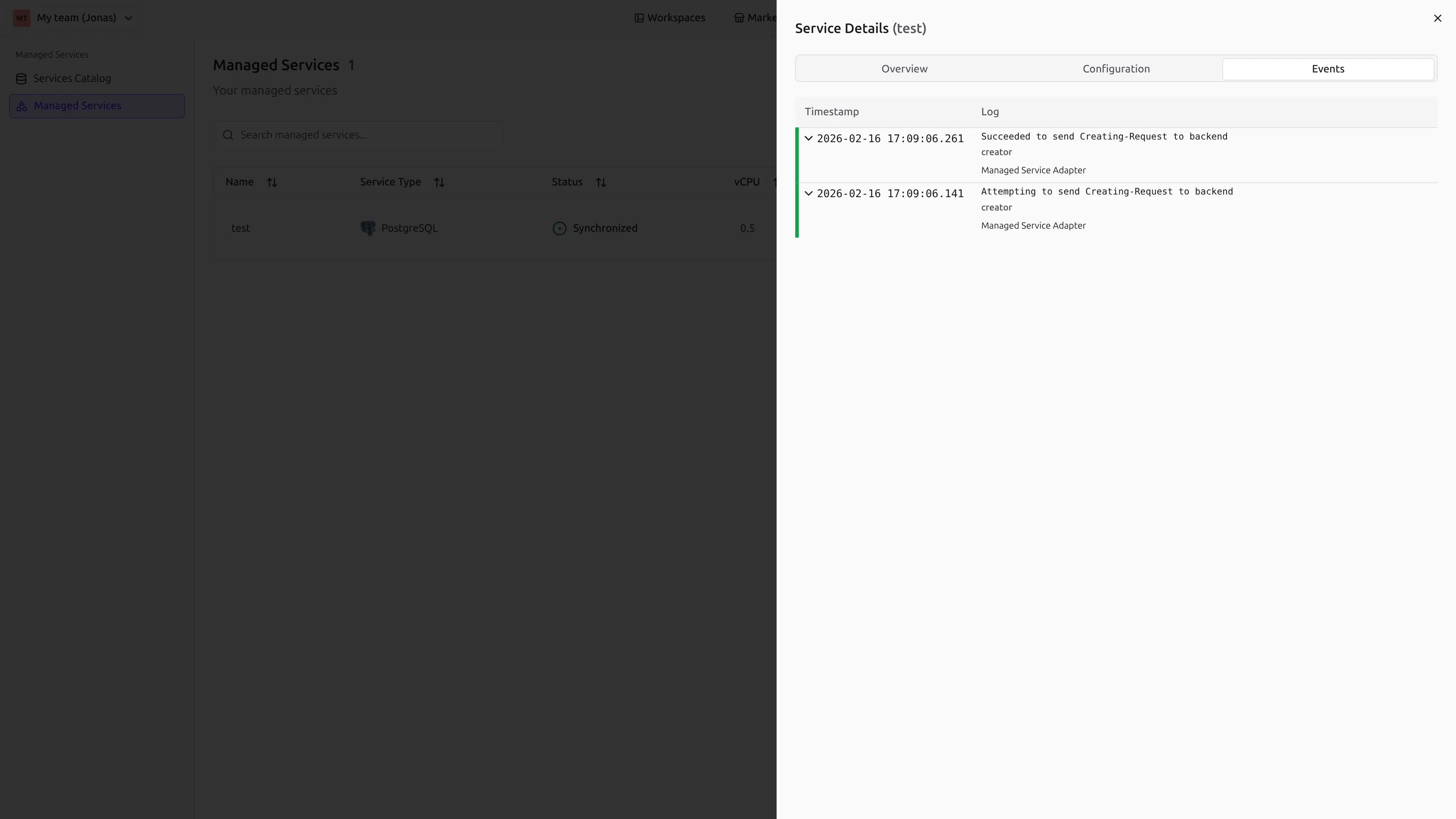 Managed Service Details Events