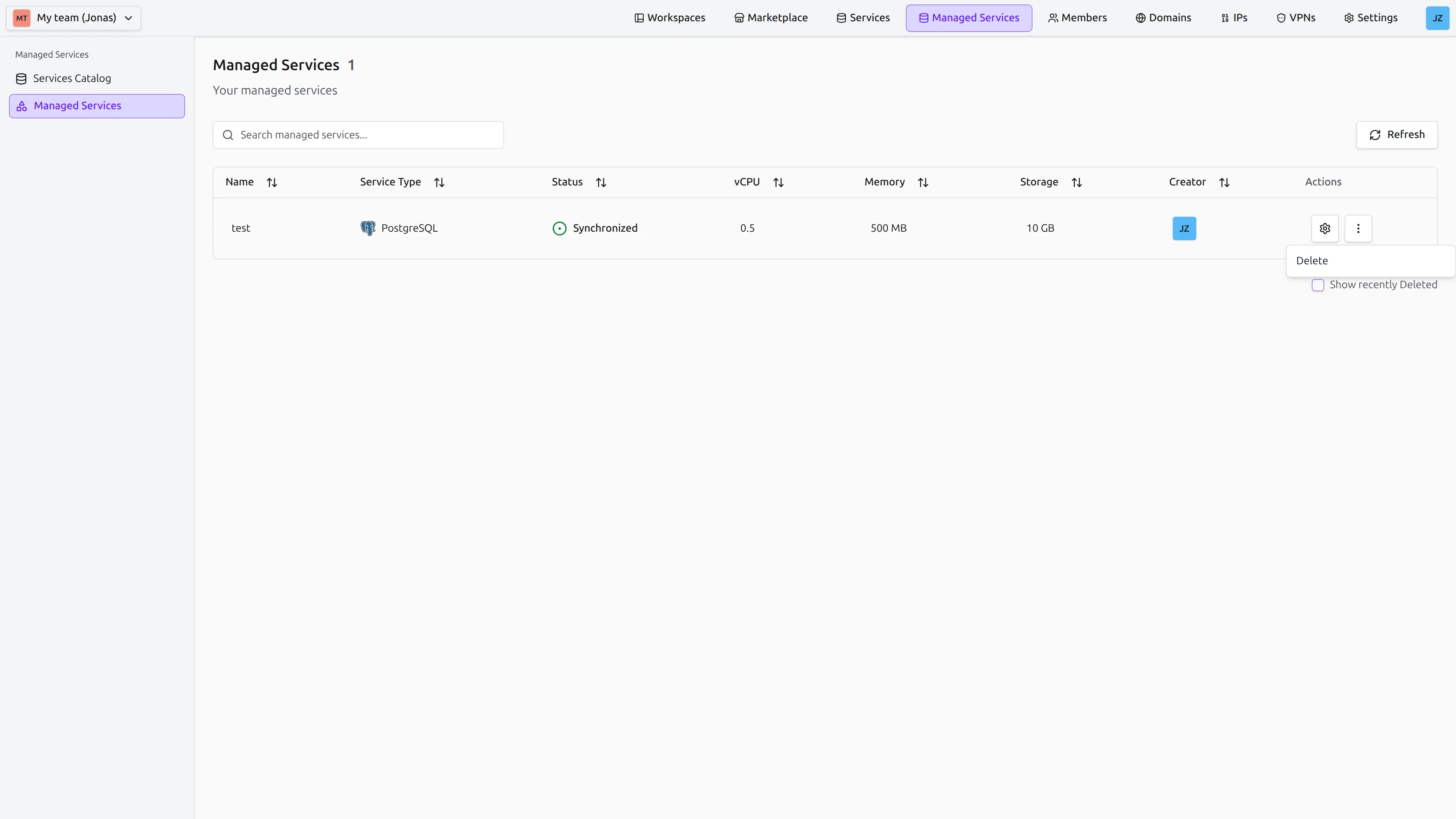Managed Service Table Delete