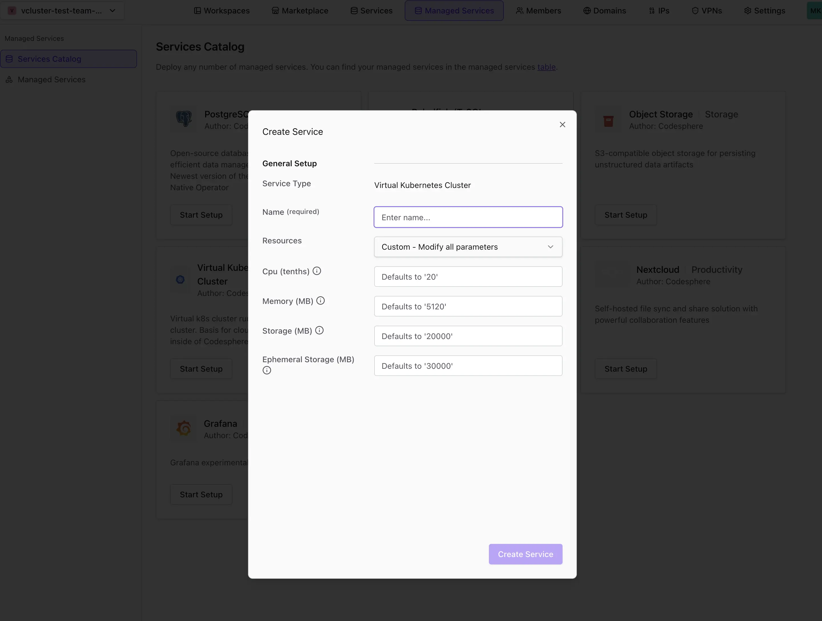 Virtual Cluster Parameters